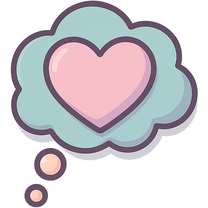 heart-shaped thought cloud, well detailed, detailed shadows and highlights, thin clean contours, soft rounded shapes, pastel palette #98B5BC, #B5B3C1, #C9A3C9, #E4C0CA, #F7DCD1, #F7C0AA, modern Japanese pop art and sticker aesthetic, soft lighting, transparent background emoji
