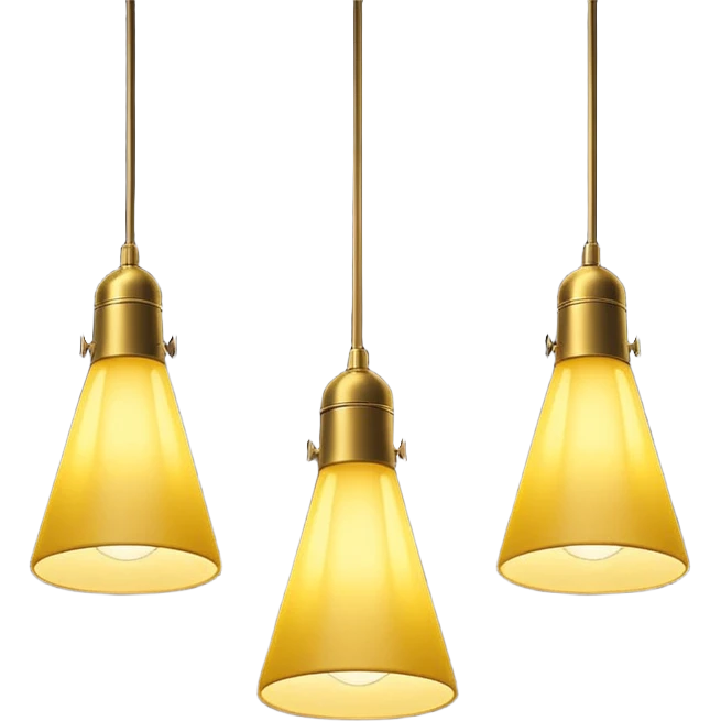three hanging lamps in a dark room, only the middle lamp is dimly lit, casting a soft yellow cone of light downward, the rest of the room and other lamps remain in total darkness, minimalist cinematic lighting, moody atmosphere, black background, no people emoji