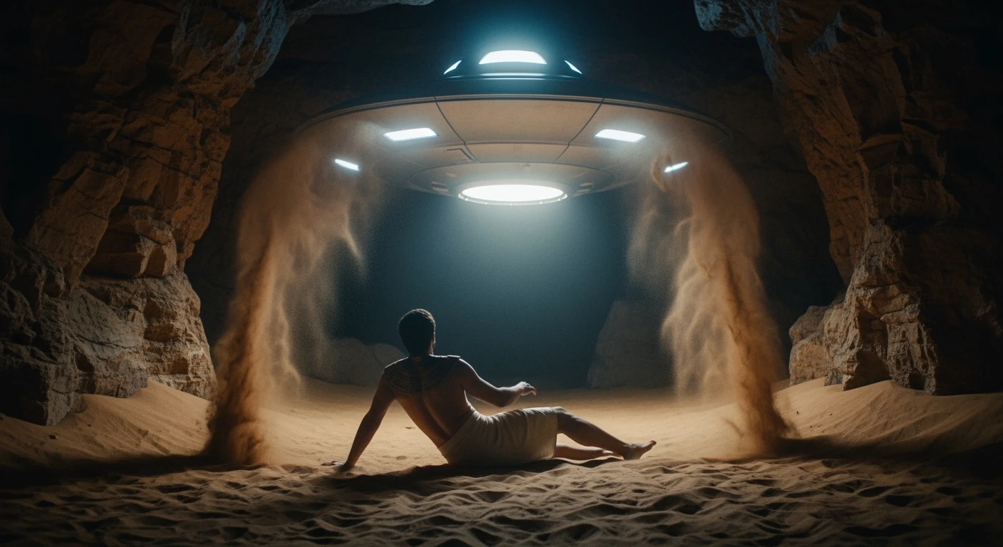 cinematic still, documentary photography, acient egypt, back shot of a man in cave (frame in frame effect) on ground laying front of ufo starship, sand flying around, dynamic scane, leading lines, captured by arri alexa emoji