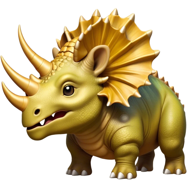 Cinematic Noble Triceratops Portrait Emoji, Poised and formidable, with a robust, stocky build adorned by three prominent horns and a broad, intricately frilled head, exuding ancient strength and wisdom, Simplified yet sharply defined features, highly detailed, glowing with a soft, earthy radiance, high shine, intelligent and stalwart, stylized with an air of prehistoric majesty, focused and resolute, soft glowing outline, capturing the essence of a watchful and confident Triceratops that appears ready to charge out of the screen with effortless power! emoji