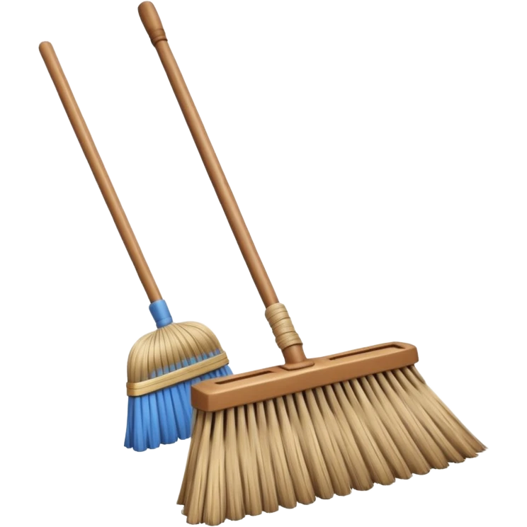 traditional broom with wooden handle on a dusty carpet, straw bristles sweeping visible dust clouds, old-fashioned cleaning tool, vintage household style, 3D cartoon, mobile game icon style, centered composition, no people, no animals, no text, no watermark emoji