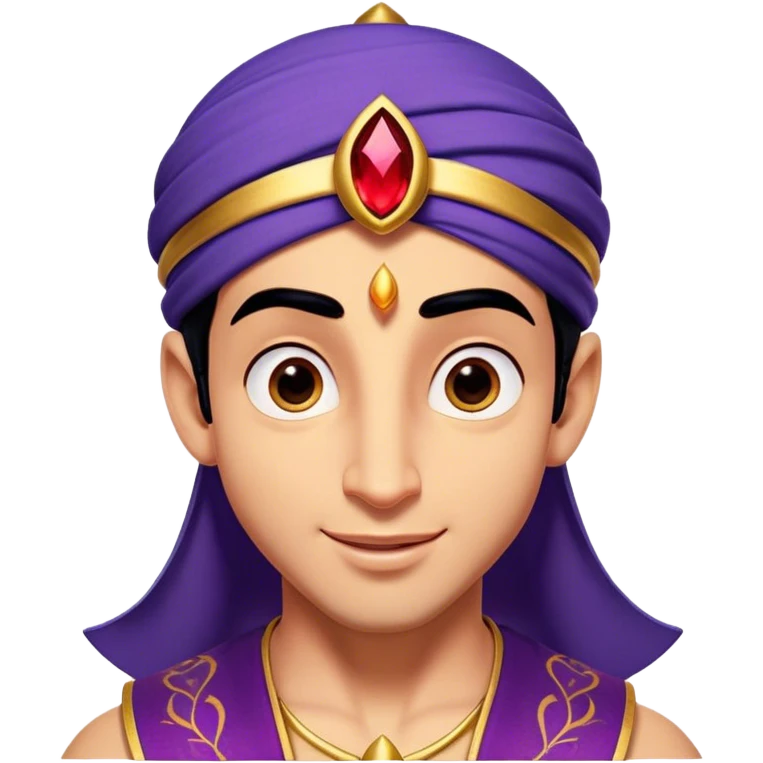 Cinematic Realistic Aladdin Portrait, head tilted playfully and inquisitively, showcasing his roguish charm and bright, mischievous eyes. His signature attire is rendered in exquisite detail with dynamic natural highlights, and a hint of magic sparkles about him—embodying a youthful, adventurous energy with friendly power. emoji