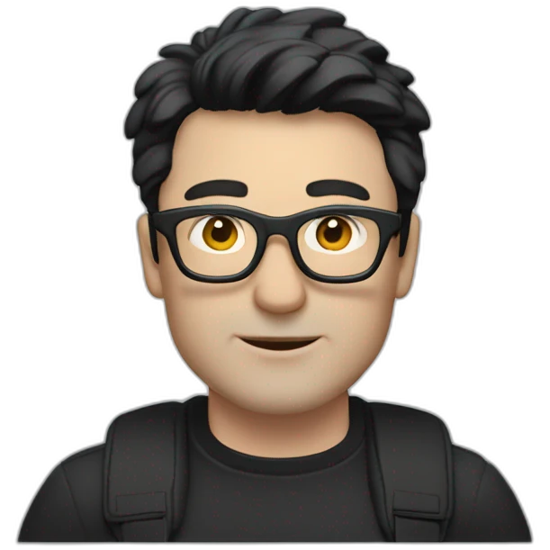 Middle age lean white man with black hair & glasses riding a Black Tesla Model 3 emoji
