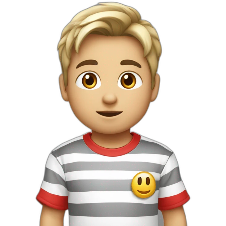 Niño rubio camiseta rayas blancas y moradas emoji
