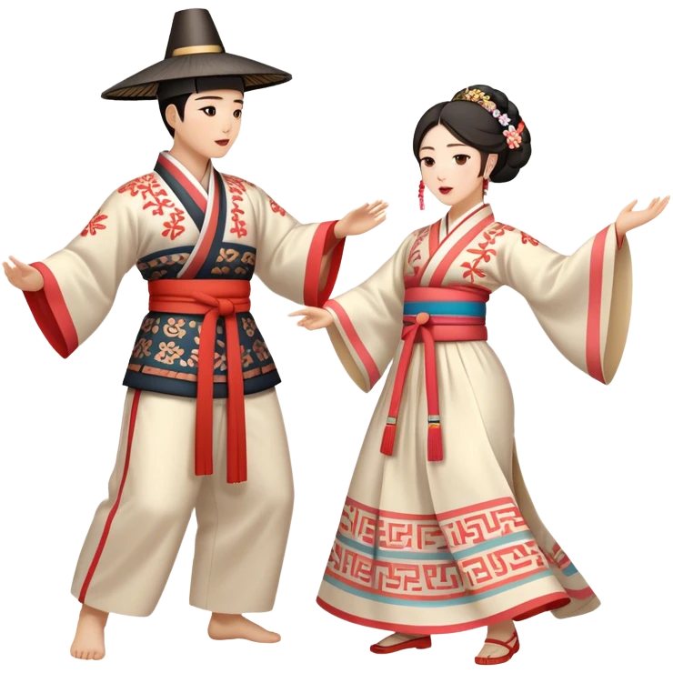 Cinematic Realistic scene of two performers engaging in Ganggangsullae, dressed in traditional Korean costumes with intricate patterns and graceful movements, illuminated by soft, festive lighting that accentuates the cultural ambiance emoji