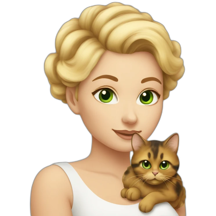 Blonde woman with green eyes holding a very fluffy and fat tortoiseshell cat emoji