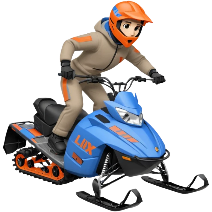red Lynx brand snowmoble wheelies. driver with gray clothes and black/orange / blue helmet emoji