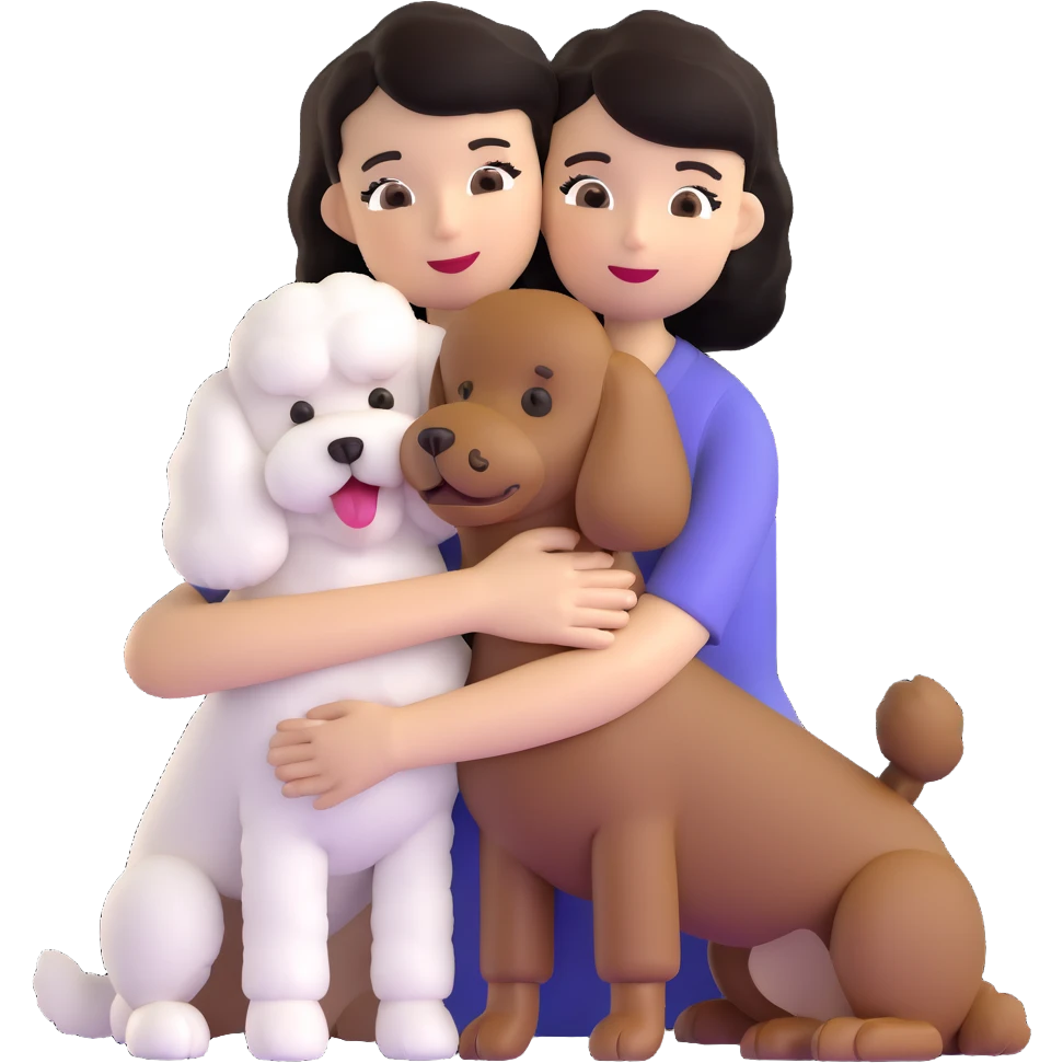 Woman with short black straight hair hugging a brown poodle and a white bichon frise emoji
