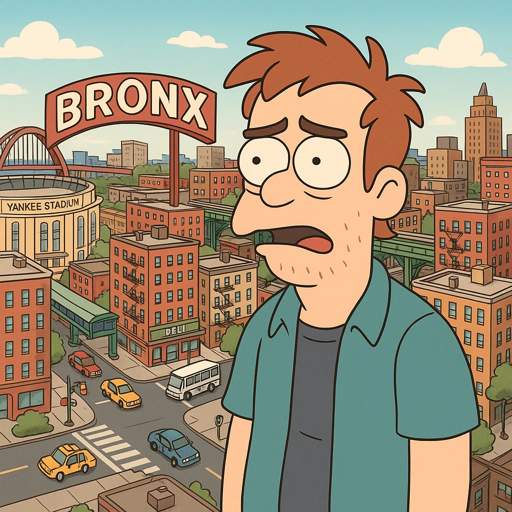 360-degree cityscape of the Bronx from above, featuring iconic landmarks, apartment buildings, and busy streets, colorful cartoon style emoji