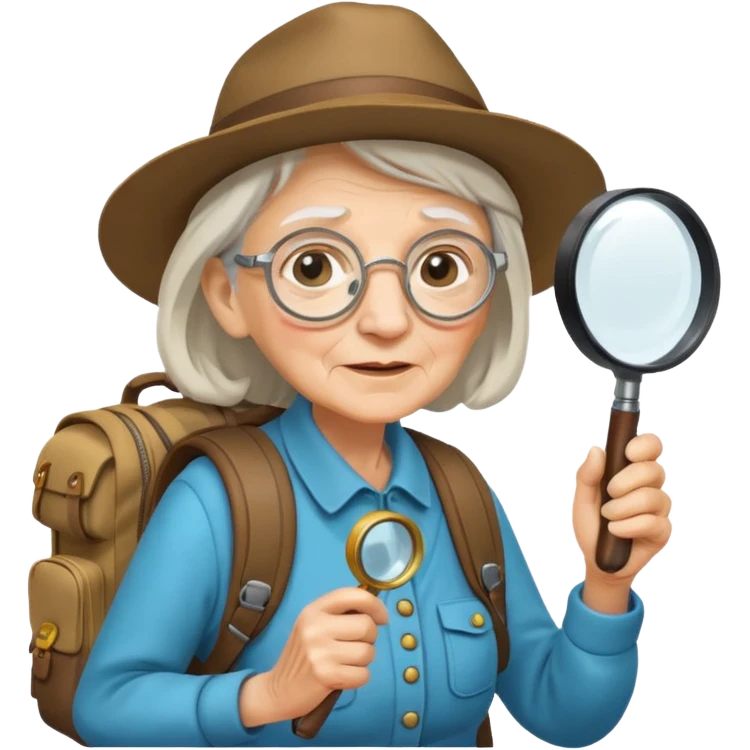 scout old woman backpack and magnifying glass, voyarer emoji