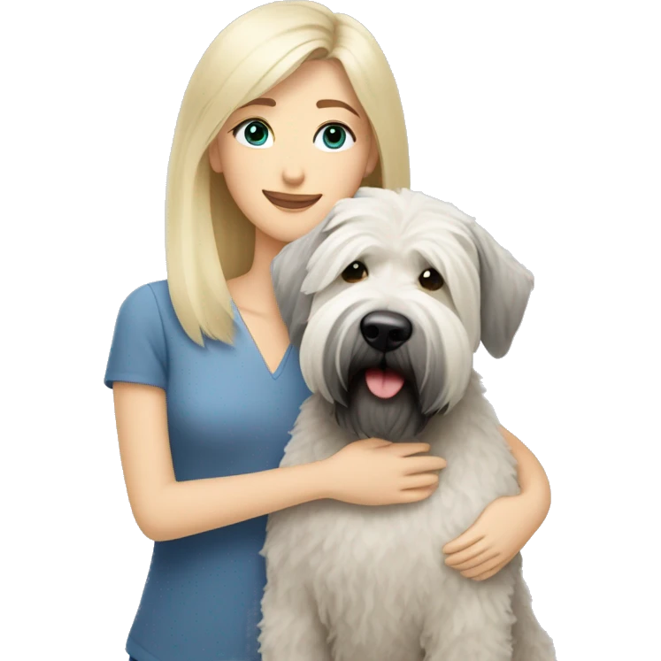 pretty woman blonde hair blue eyes hugging a white and gray soft coated wheaten terrier dog with bangs emoji