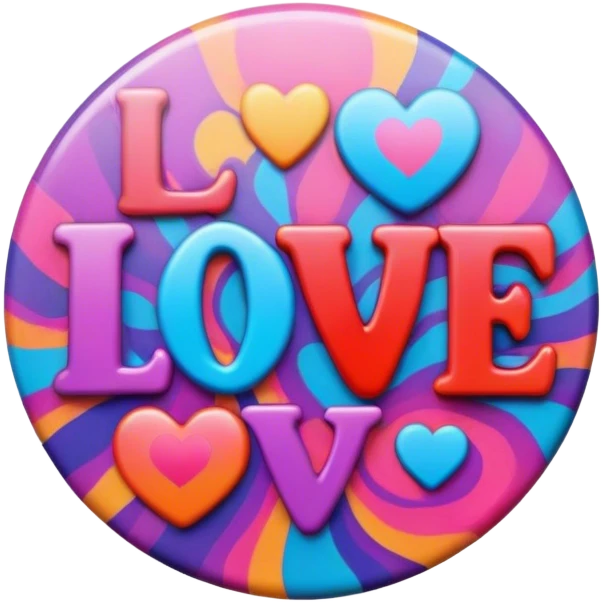 A round psychedelic colored button with love emoji