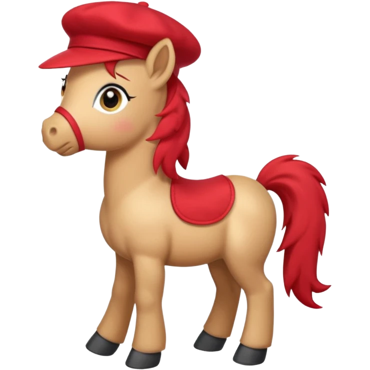 Adorable cartoon pony (small horse) emoji, full body, standing in profile view facing sideways. It has big, sparkling eyes and a friendly smile. It is wearing a cute red beret tilted to one side.  emoji