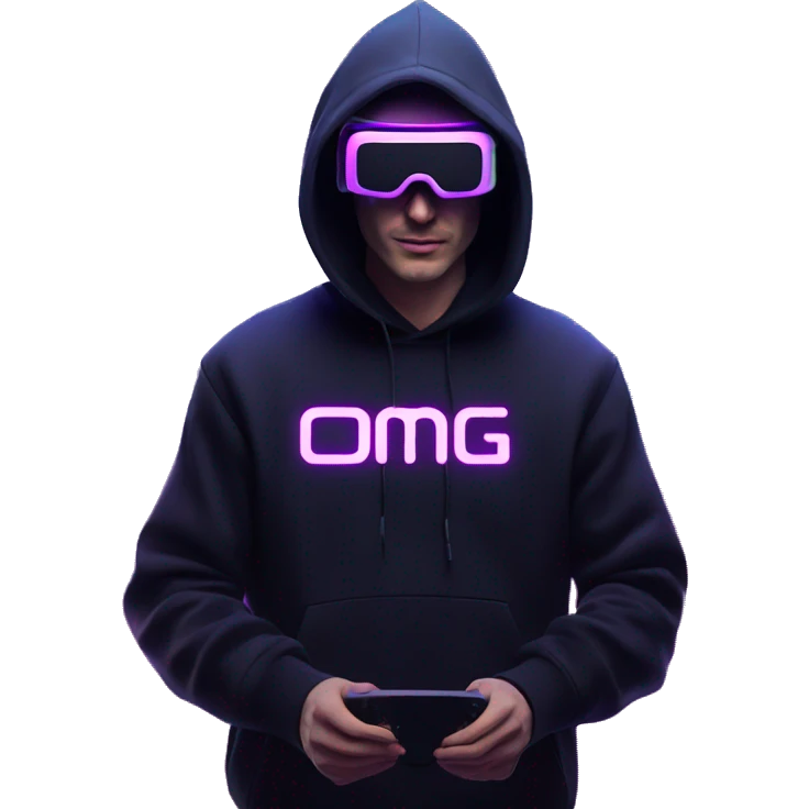 Russian man wearing a black hoodie with "OMG" letters on it and VR headset in a cyberpunk VR environment with violet neon lighting. emoji