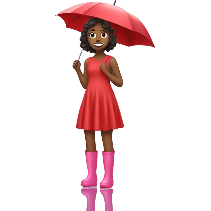 Girl in red wide dress and pink rainboots in rain emoji