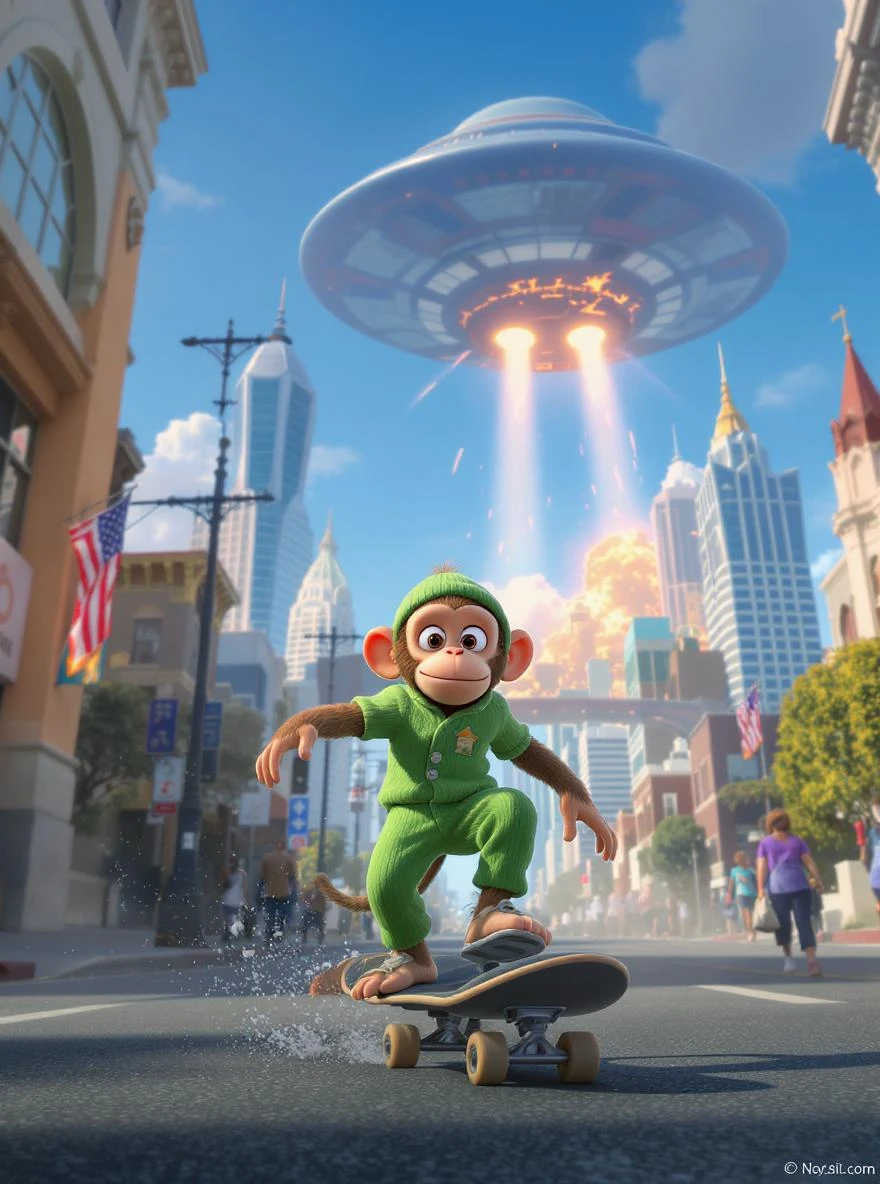 Disney style Cinematic still scane, Low angle shot, monkey dress in green outfit, monkey ride on skateboard, san francisno downtown with city lanscape, ufo destroying city in background, blue clean sky, captured by ARRI Alexa XT, soft cinematic lightning, back light, inspired by ToyStory 4 emoji