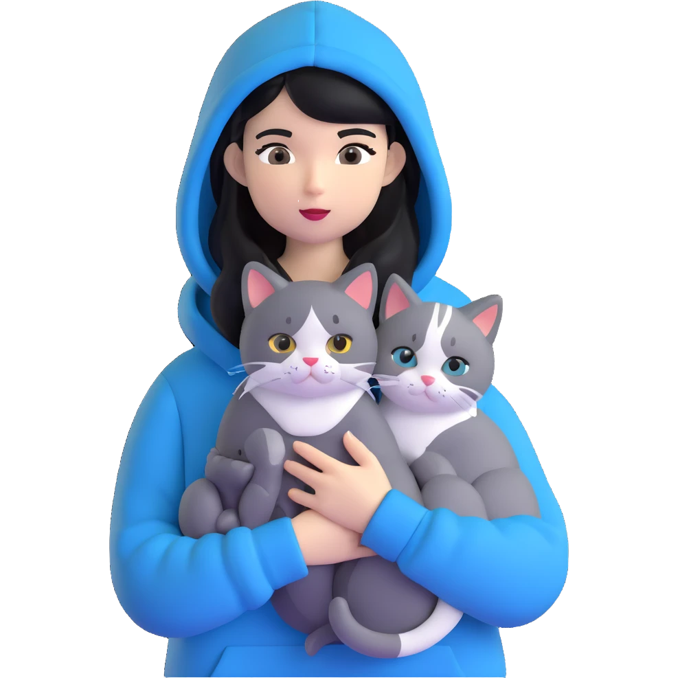 Girl with black hair wearing gray hoodie with a British shorthair blue and white cat and a long-haired blue and white cat emoji