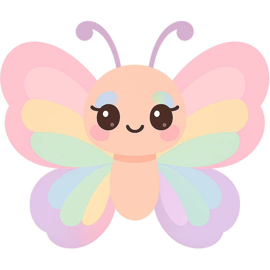 kawaii butterfly with pastel rainbow wings, cute face, colorful makeup, soft blush and eyeshadow emoji