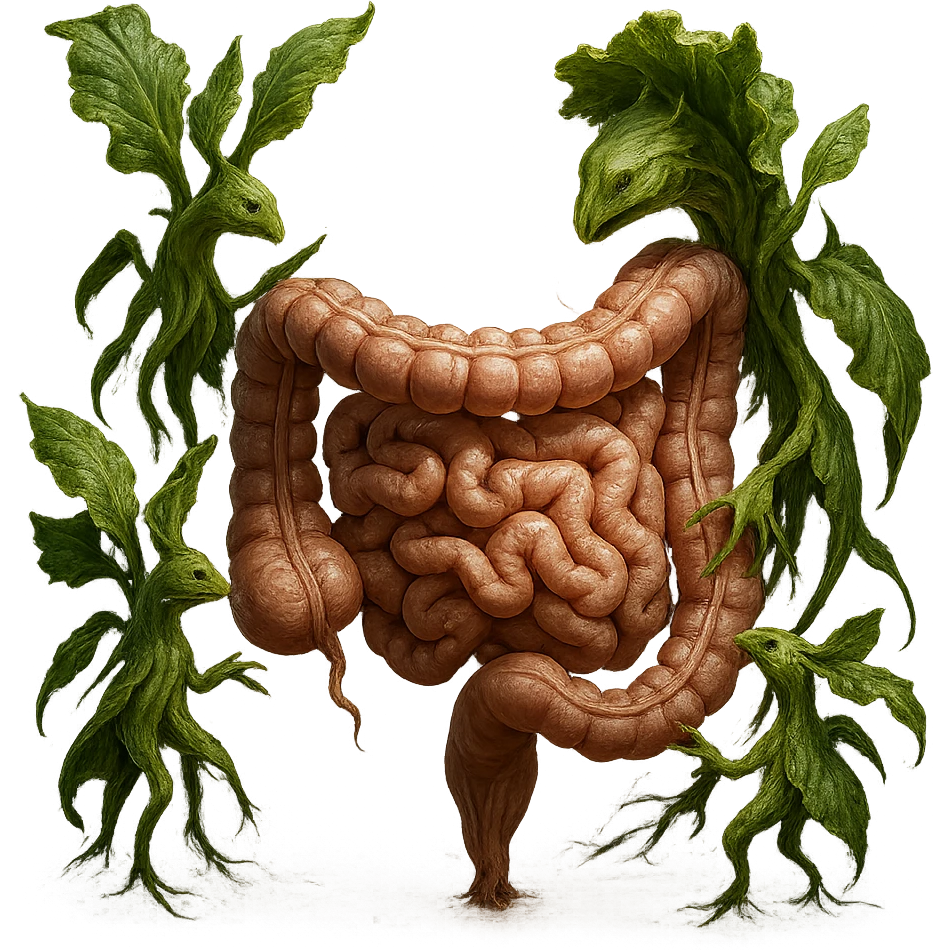 Ultra-realistic 4K illustration: stylized lettuce leaves depicted as plant-like creatures interacting with a human anatomical model of the intestine. The scene is surreal and scientific, with organic textures, refined biological details, dramatic lighting, and a bio-fantasy photorealistic style emoji