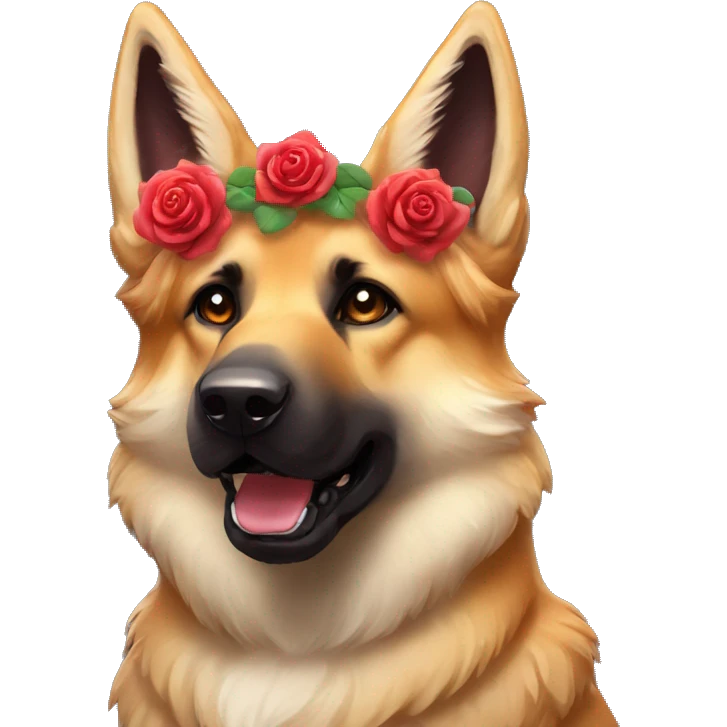 Brindled German shepherd fox carrying glowing red lantern, fairy lights, rose flower crown emoji