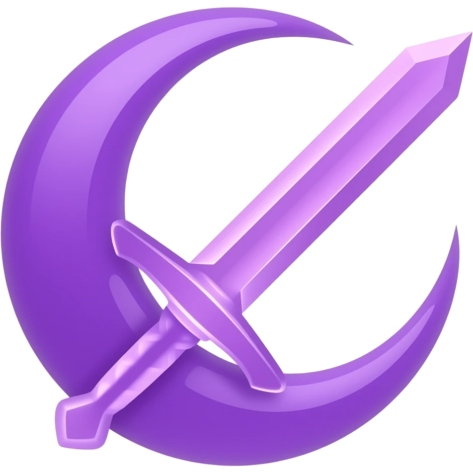 Glowing purple detailed crescent moon with an elegant detailed glowing purple transparent sword, emoji style. Soft violet and pink glow, minimal clean design, smooth edges, subtle lighting, centered, high contrast, transparent background. emoji