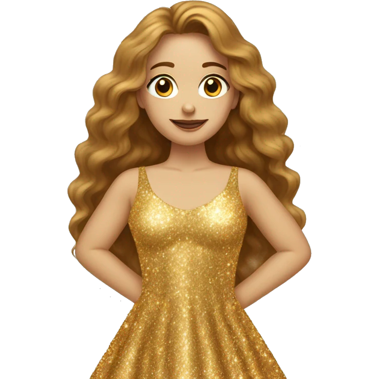 auburn long haired woman with hazel eyes wearing gold sparkly shiny dress emoji