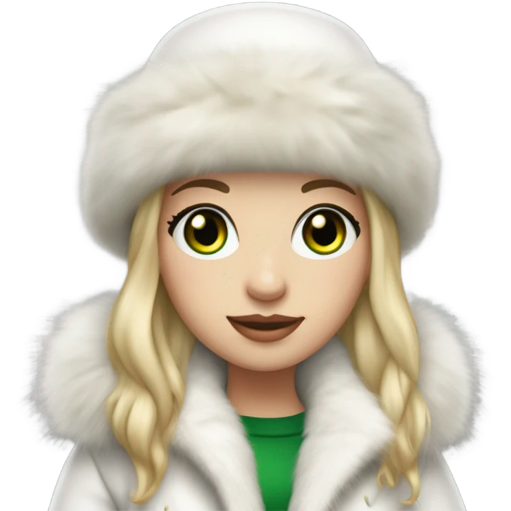 Realistic White girl with Long straight blonde hair, green eyes, tattoos, full body wearing white fur coat and fur hat emoji
