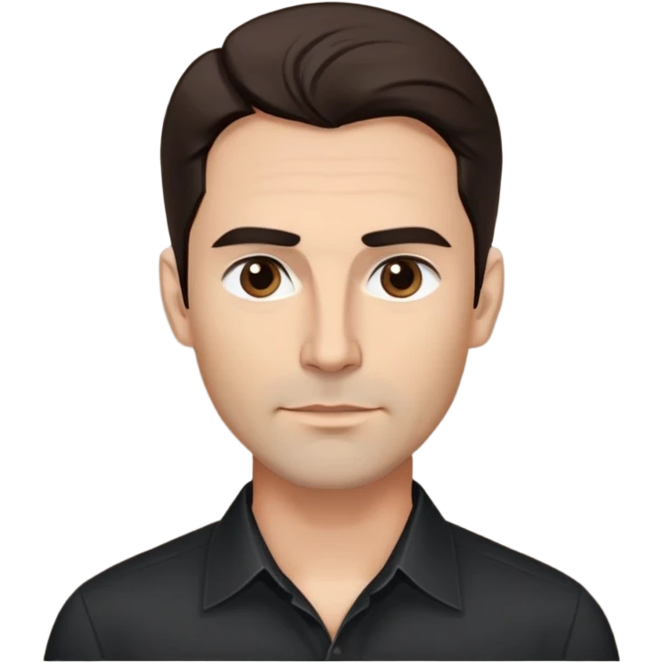 Fit good-looking 40-year-old with young appearance, light brown complexion, elongated face, fine jawline, intense dark eyes, medium eyebrows, straight nose, attractive confident expression, medium wavy dark hair with modern styling, wearing a crisp black button-down shirt emoji