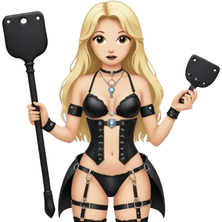 Dominatrix with long blonde hair, a small rectangular leather paddle in her right hand, wearing black lingerie with a garter belt, and a necklace around her neck with a key pendant emoji
