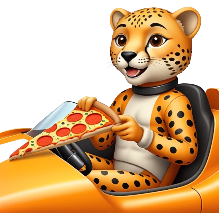 A cheetah in a race car eating a slice of pizza emoji