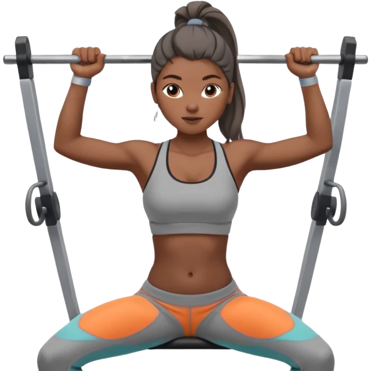 Mujer en gimnasio, peruana con coleta top corto gris y pantalón gris. Haciendo jalón al pecho  emoji
