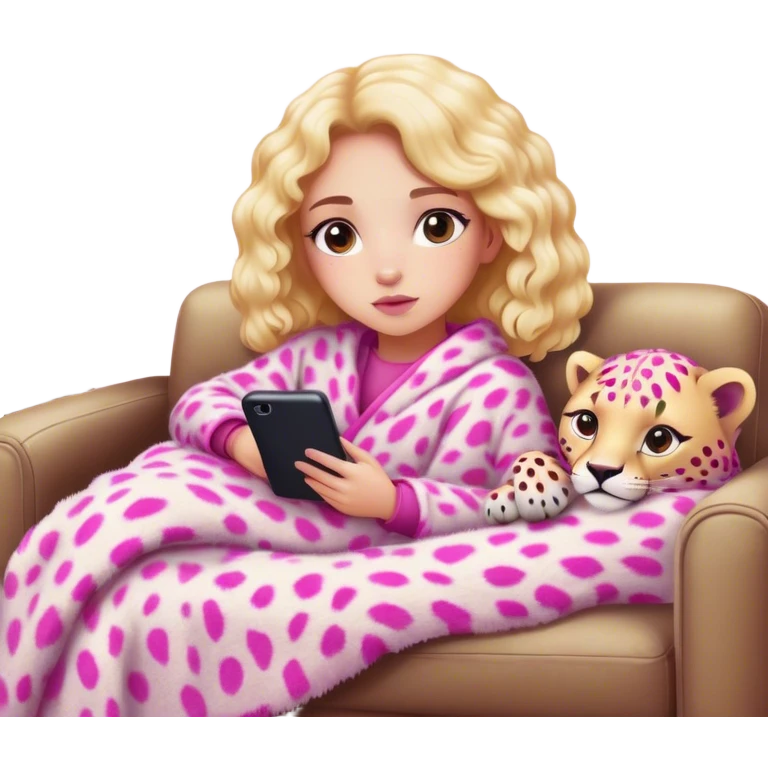 Girl lay on couch with fuzzy pink and white cheetah blanket watching tv  emoji