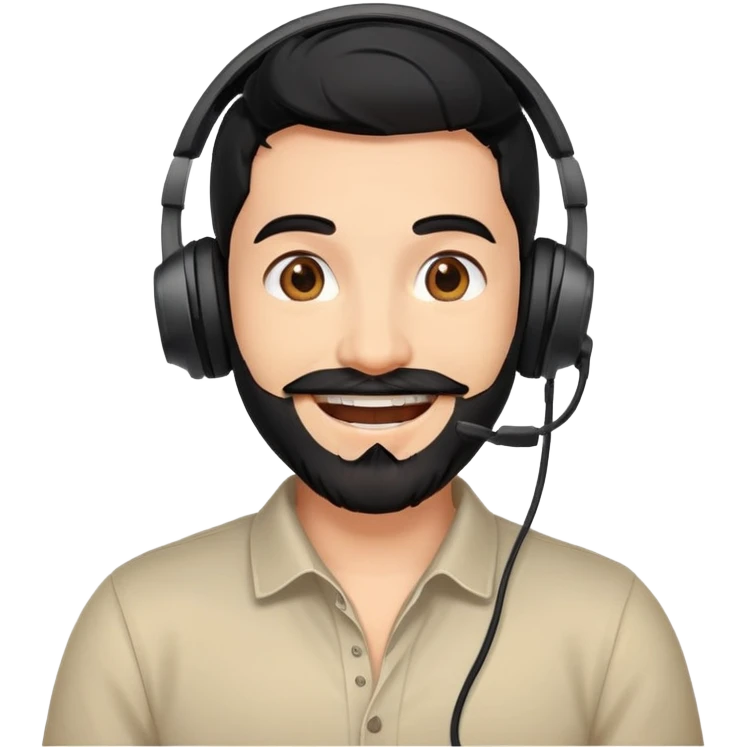 Very happy excited grinning man with black hair, brown eyes, black beard wearing a gaming headset emoji