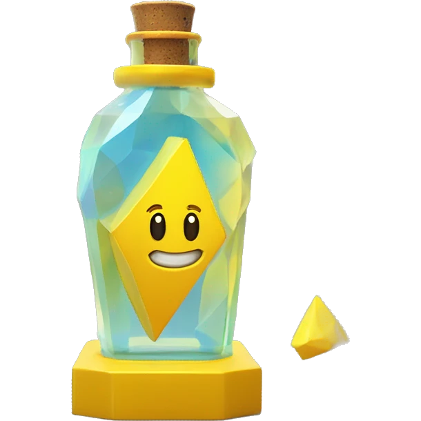 symbolic clouds in a bottle sculpture symbolizing Gemini with a geometric, faceted design. The bottle is standing upright with angular and disney features. The vibrant yellow lightning colors highlights the sharp edges and planes.  emoji