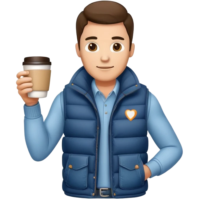 man with puffy vest and jeans with coffee mug emoji