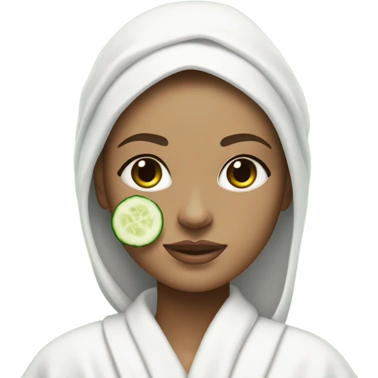 White girl with Brown hair and blue eyes wears a Green colored skincare clay textured mask and puts on cucumbers around her eyes while She relaxes in her white Robe emoji