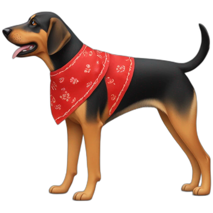 coonhound and German shepherd mix dog wearing red bandana and walking left emoji
