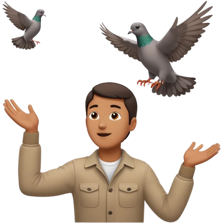 man open arms looking at a flying pigeon emoji