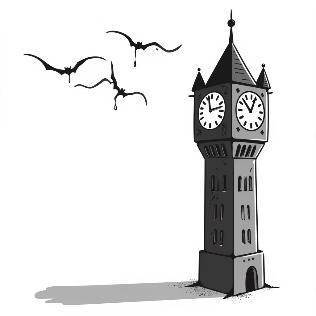 Hand-drawn scary clocktower with blood stains dripping from the numbers, halloween theme emoji