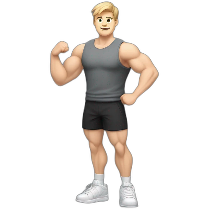 Full height Actively gesturing with hands Pale skinned Fit Man With the biceps, Bristle and light brown hair in dark gray Sleeveless Mike, black oversize sports shorts and white Sneakers emoji