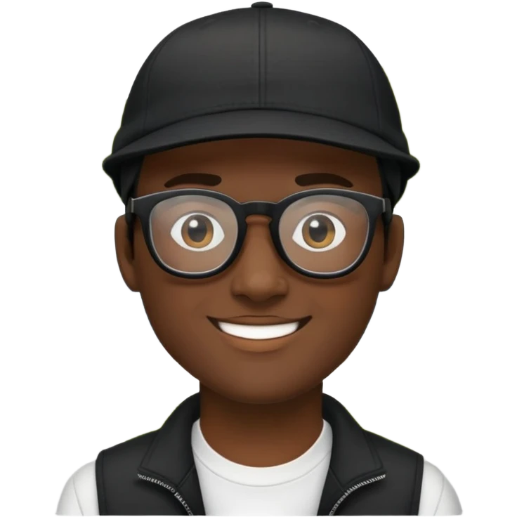 Man with squint eyes and black glasses  in black cap smiling outdoors emoji