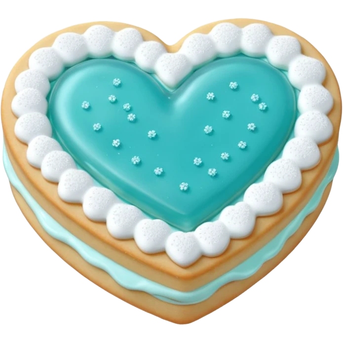 Realistic shortbread cookie in the shape of a heart with Tiffany blue color jelly middle filling and sprinkled powder sugar on top. emoji