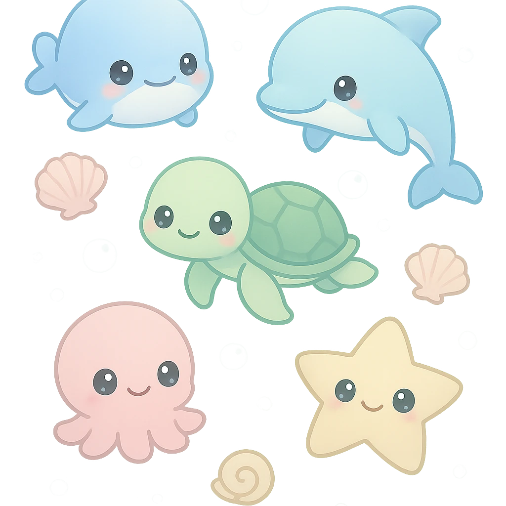 super kawaii soft pastel summer sea theme for LINE app, featuring cute baby whale, dolphin, sea turtle, octopus, starfish, and seashells, with floating bubbles, gentle flat illustration, soft gradient aqua blue background, chibi characters with big sparkling eyes, minimal clean layout, soft shadows, high quality, PNG, transparent background, 9:16 aspect ratio emoji