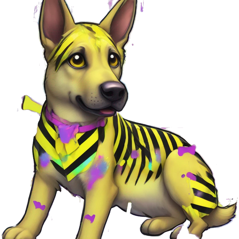 .Zombie_ Vaporwave black holographic oilslick zombie yellow Labrador German shepherd zombie dog yellow caution tape graffiti stripes iridescent blue purple mane yellow stripes emoji