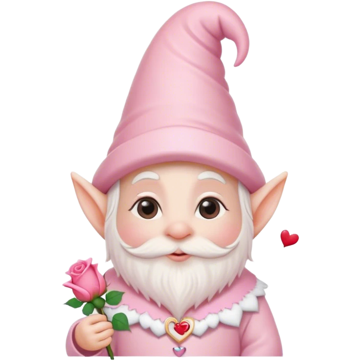 An adorable little pale pink Valentine’s Day style gnome with a rose and hearts in the background emoji