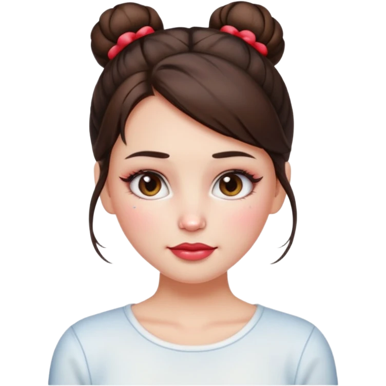 “Emoji brunette girl hair in bun white top, dewy skin, heavy blush across cheeks and nose bridge, glossy cherry lips, soft eyeliner, teary sparkling eyes like hanni from new jeans emoji