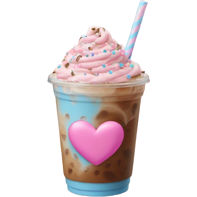 Iced coffee with pink and light blue hearts as sprinkles  emoji