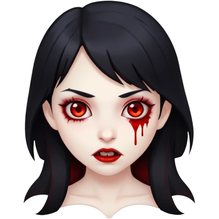 Girl vampire with blood on mouth and black hair with side bangs and pale skin with red eyes emoji