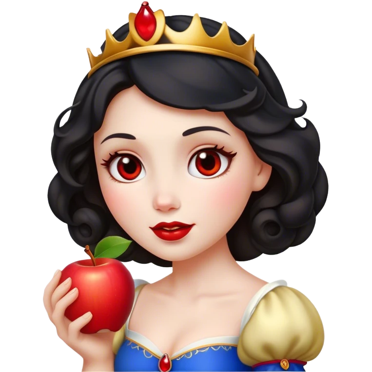 Cinematic Elegant Snow White Portrait Emoji, Delicately holding a red apple, eyes glimmering with mystery, soft curls perfectly placed, her royal presence glowing with a warm, enchanting charm! emoji