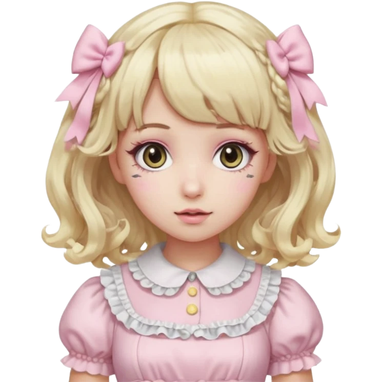 pale girl with curly medium length blonde and baby pink swirled hair with bangs, grey eyes, doll-like makeup, wearing a light pink lolita hime gyaru dress, emoji style emoji